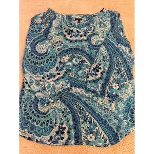 TALBOTS Blue‎ Teal Paisley Print V Neck 3/4 Sleeve Blouse Top Shirt Mens L